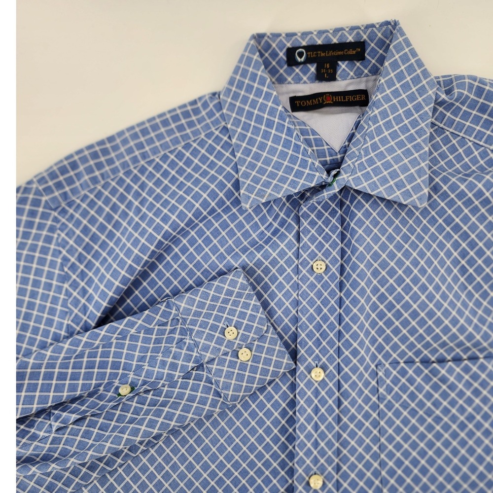 Tommy Hilfiger Mens Blue Geometric Diamond Print Button‎ Down Shirt Size 16 L